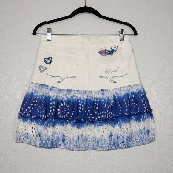 NWT Desigual White & Blue Tie Dye Denim Lace Mini Skirt Size 4 - Picture 7 of 11